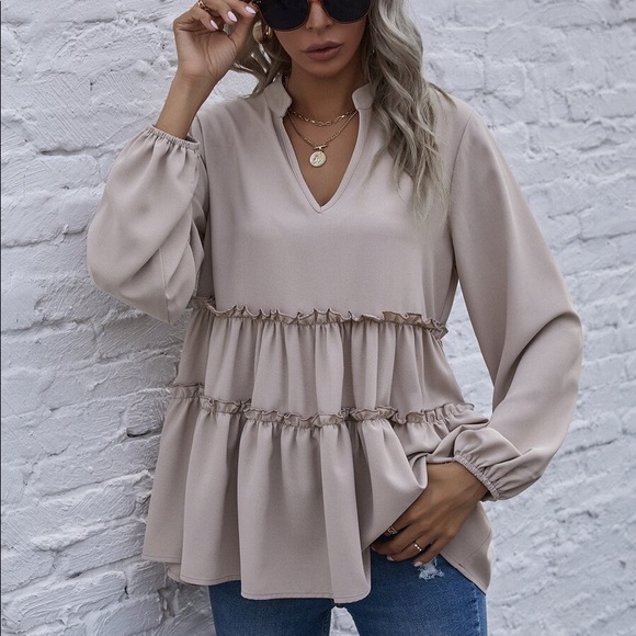 Boho Burgundy v neck ruffle babydoll Blouse Minimalist - Picture 2 of 14